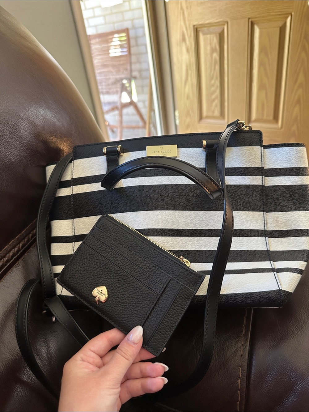 kate spade Black and White Striped Tote with Black Zip Card Wallet